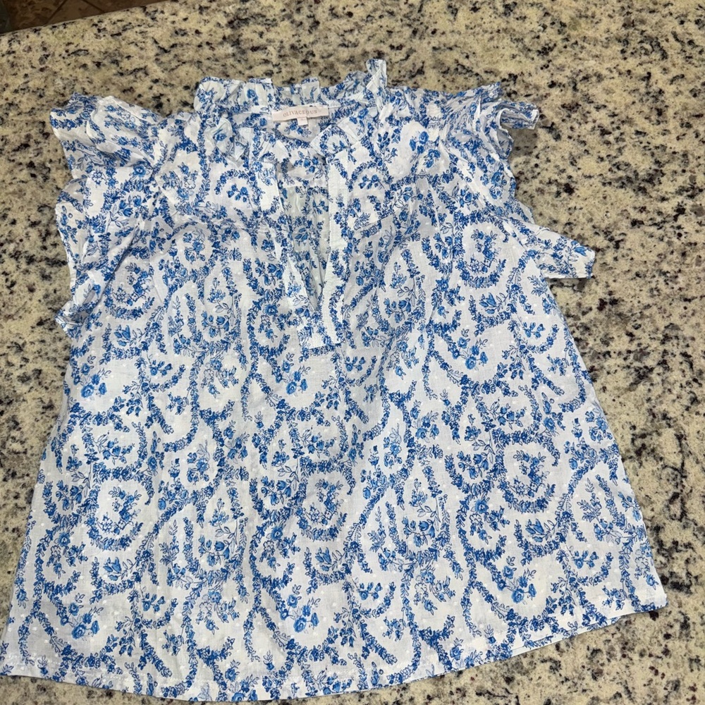 Olivaceous Blue and White Patterned Blouse